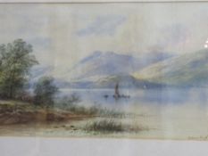 Framed & glazed watercolour of mountain, lake & boat scene signed Edwin Earp. Estimate £40-50