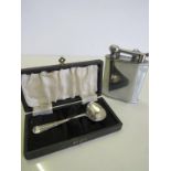 Child's silver spoon in case together with a silver metal 'Quick A Lite' table lighter. Estimate £