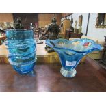 2 blue glass vases/bowls, height 30cms & 23cms. Estimate £25-40