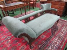 Edwardian double ended chaise longue/conversation settee with mahogany carved rail & cabriole legs