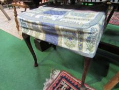 Antique upholstered stool on pad feet together with a pine 3-legged stool. Estimate £20-30