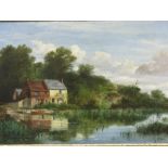 Gilt framed oil on canvas of lakeside scene with dwellings by E H Nibbs, 65 x 90cms. Estimate £50-