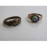 9ct gold ring with pearlescent glass stone, size Q, weight 4.1gms, together with gilt 3 stone