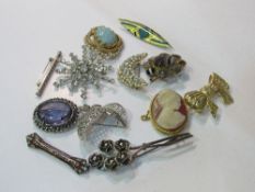 12 various brooches & 1 with matching earrings. Estimate £20-30