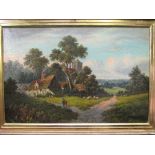 A plaster & wood framed oil on canvas, believed Norfolk School of a cottage & church with