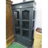Dark grey painted double door display unit with railed apertures over 4 drawers, 92 x 37cms.
