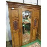 Mahogany double fronted wardrobe with mirror door, walnut & applied carved panels & interior