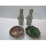 Small Cloisonné dish, small hand painted dish, and a pair of Celadon female figurines a/f Ht