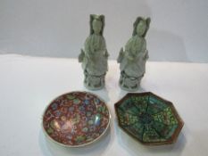 Small Cloisonné dish, small hand painted dish, and a pair of Celadon female figurines a/f Ht