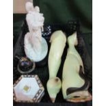 A pair of ceramic cat figurines; bone china Lenox figurine 'Footprints in the Sand'; Royal Crown