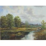 Framed oil on canvas of a river scene in landscape, signed P Bradshaw. Estimate £10-20