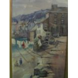 Oak framed watercolour of a fishing village, signed FMG 1908 & another. Estimate £50-100