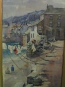Oak framed watercolour of a fishing village, signed FMG 1908 & another. Estimate £50-100