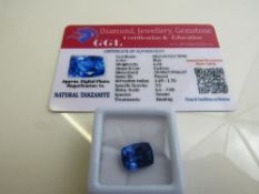 Cushion cut blue tanzanite, weight 6.20ct with certificate. Estimate £40-50