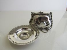 Silver purse with chain, Birmingham 1916, weight 1.2oz & a Mappin & Webb silver dish, London 1968,