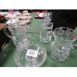 Quantity of crystal glass, 2 x 2 handle trophies, bonbon dish and decanter. Est 30-50