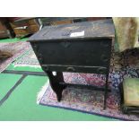 Small oak sewing box on decorated supports with lifting lid & drawer, 43 x 23 x 63cms. Estimate £