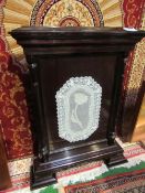 Very large Victorian mahogany, Gothic, Portico style framed lace sampler. Stepped Ogee base with