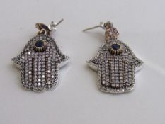 925 silver fashion earrings set with a single blue stone surrounded by white stones, length 4cms.