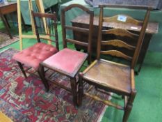 Oak & elm ladder-back chair & 2 pink upholstered bedroom chairs. Estimate £20-30