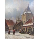 Adrianus Everson (1818-1897) in original gilt frame, oil on board "Street scene in snow", signed