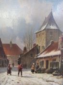 Adrianus Everson (1818-1897) in original gilt frame, oil on board "Street scene in snow", signed