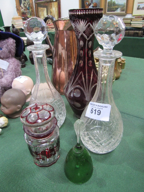 2 cut glass decanters, ruby cut to clear vase Ht 34cms, glass bell and ruby cut to clear lidded pot. - Image 2 of 2