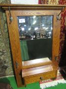 Oak hall mirror with hat hooks & glove box, height 105cms x width 71cms. Estimate £40-60