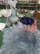 Large glass bowl, large smokey glass bowl, blue glass bowl, abstract coloured glass square dish, and