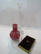 3no Nachtmann crystal candle holders, a velvet new testament bible and cranberry vase with white