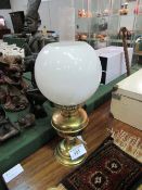 Brass oil lamp c/w glass shade & funnel. Estimate £10-20