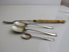 Ivory handled and silver plated pickle fork together with 3 silver spoons. Est 15-20