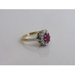 18ct gold, platinum, ruby & diamond cluster ring, size O, weight 4.3gms. Estimate £600-650