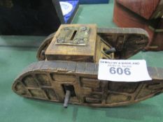 Rare and large WW1 trench art tank money box, with 5 guns. Made from ammunition box wood and spent