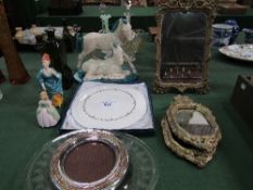 2 Royal Doulton figurines, ceramic mare/foal figurine, Royal Worcester cake stand, 4 small mirrors
