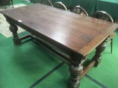 Oak refectory-style table with centre stretcher on 4 turned legs, 183 x 91 x 75cms. Estimate £50-80