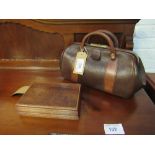 Leather Gladstone style bag, length 46cms, height 28cms, together with a wooden jewellery box with