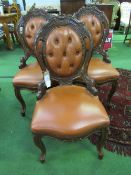 3 carved & faux leather padded dining chairs. Estimate £20-30