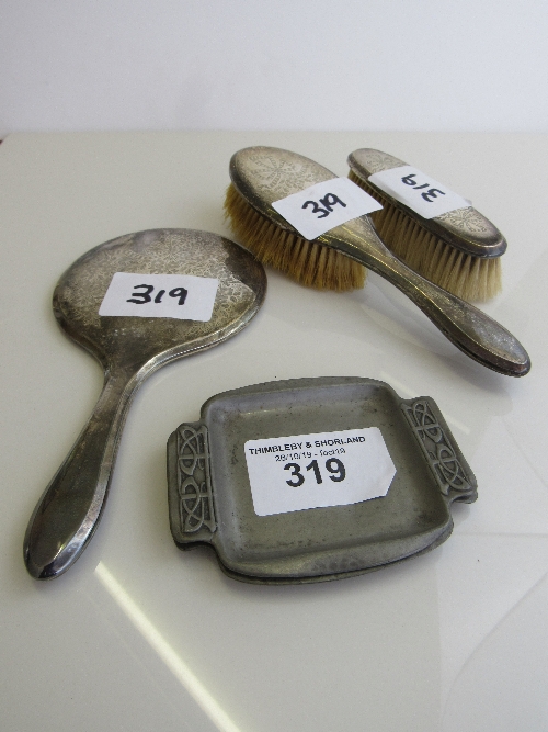 Hallmarked silver backed 2 brushes & mirror set together with 2 Tudric pin trays, designed by