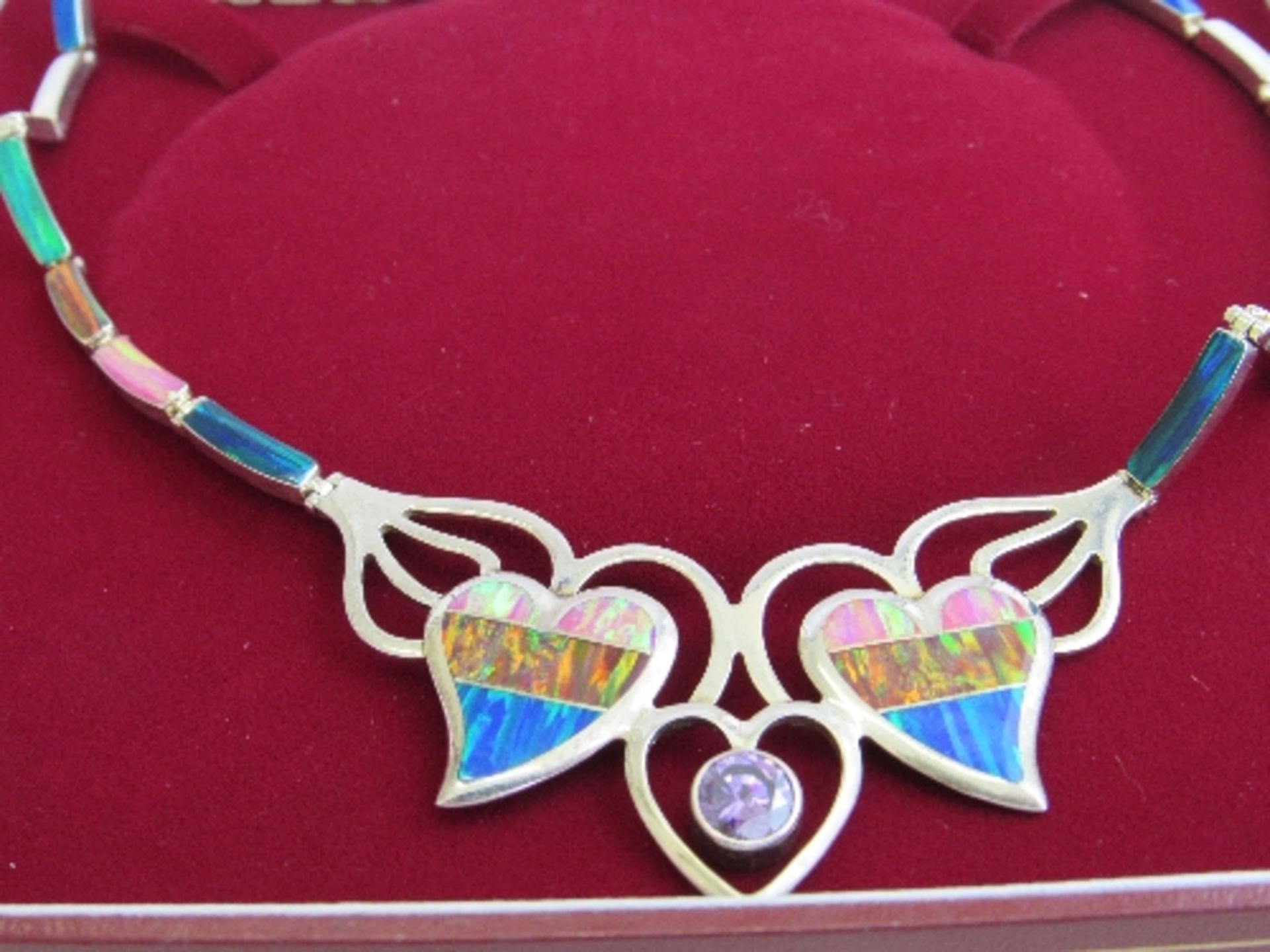 925 silver heart-shaped coloured gemstone necklace & bracelet set. Estimate £30-40 - Image 3 of 5