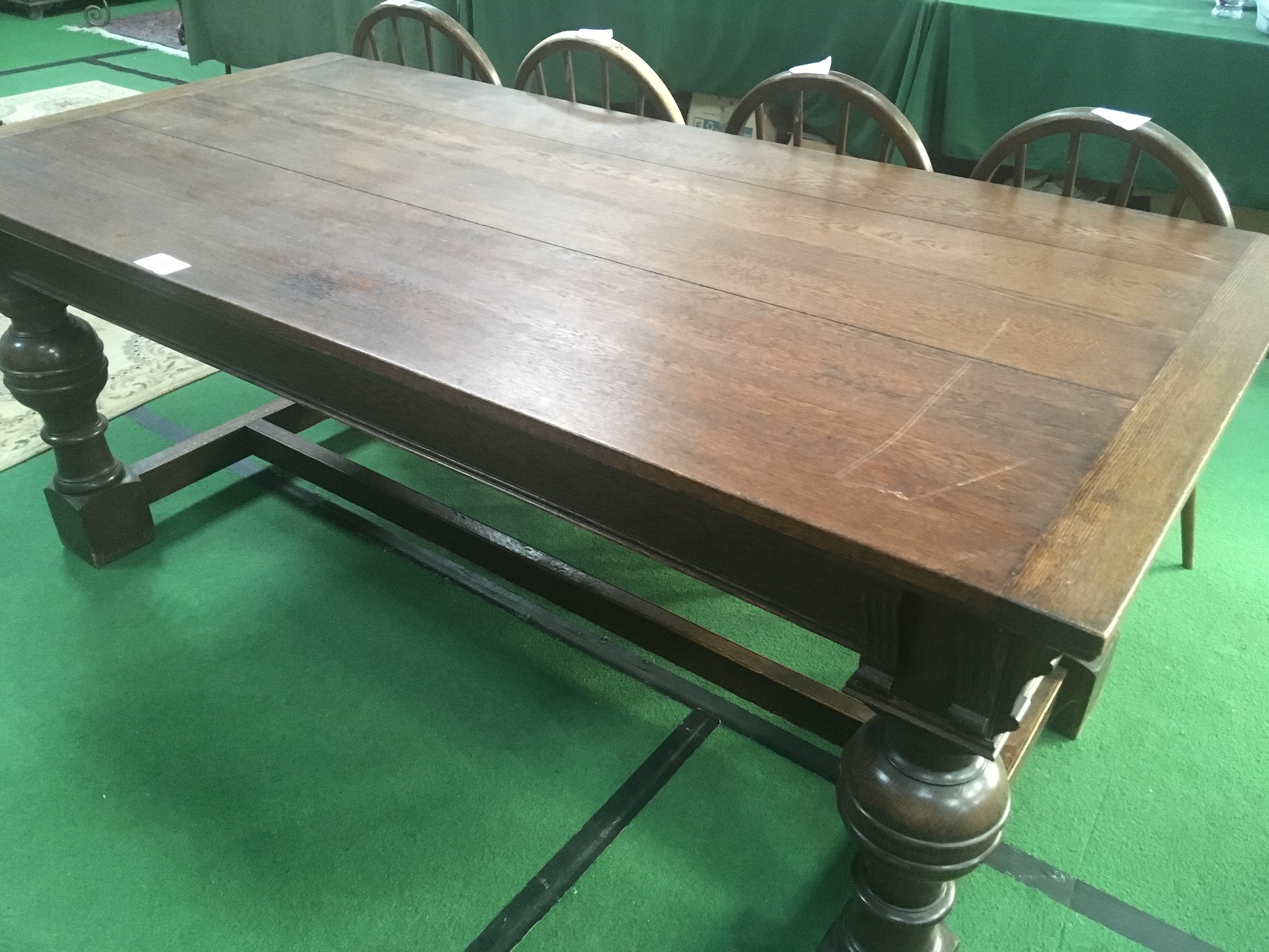 Oak refectory-style table with centre stretcher on 4 turned legs, 183 x 91 x 75cms. Estimate £50-80 - Image 3 of 5