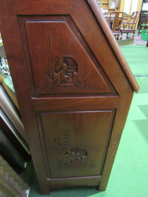 Oak bureau with oriental scene carved decoration, 4 over 1, 92 x 45 x 104cms. Estimate £30-50 - Image 5 of 6