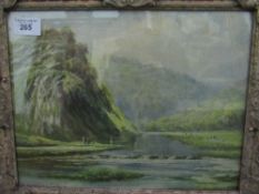 Decorative framed & glazed print of mountain & river scene, signed H Hadfield Cubley. Estimate £20-