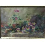 19th century oil on canvas of still life fruit & flowers, N Metreus. Estimate £30-50