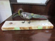 Coloured metal sculpture of a cock pheasant on a marble base, length 52cms, height 21cms.