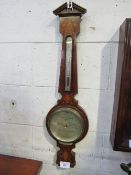 1920's inlaid mahogany cased 'banjo' style wall-mounted barometer/thermometer. Estimate £20-30