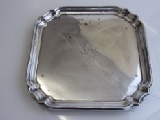 Silver hallmarked square footed salver with scalloped corners, 1977, Sheffield by James Dixon &