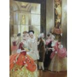 Reproduction large oil on canvas of a Georgian masked ball in an ornate frame, 190 x 108cms.