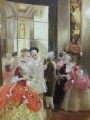 Reproduction large oil on canvas of a Georgian masked ball in an ornate frame, 190 x 108cms.