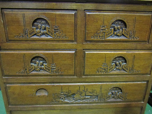 Oak bureau with oriental scene carved decoration, 4 over 1, 92 x 45 x 104cms. Estimate £30-50 - Image 2 of 6